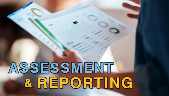 Assessment & Reporting Button hand holding report with words that say assessment & reporting