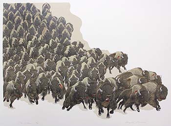 Abigail Rorer, "Stampede," relief engraving, linocut, hand-coloring, 11.75 x 16.75 inches.