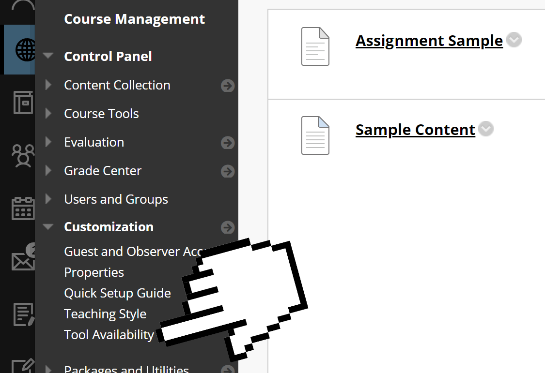 A screenshot of a Blackboard Classic View course, indicating towards the Tool Availability menu.