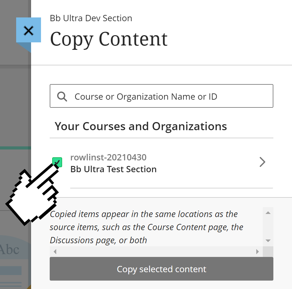 a screenshot of the course copy selection window in Blackboard Ultra