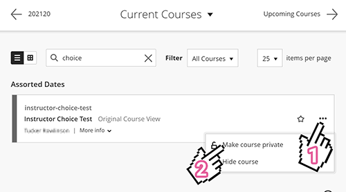 A screenshot of the Blackboard course list, with arrows indicating towards the three-dot menu on a course card, as well as the "Make Course Private" button.