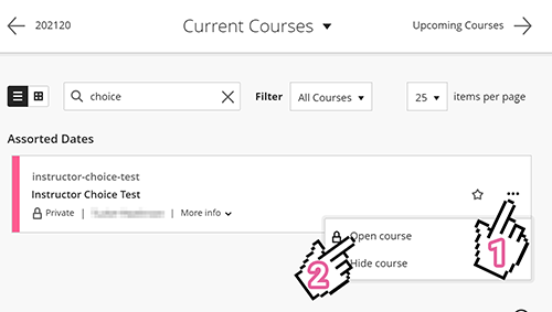 A screenshot of the Blackboard course list, with arrows indicating towards the three-dot menu on a course card, as well as the "Open Course" button.