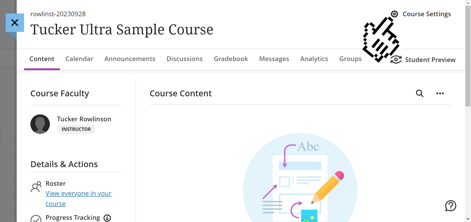 A screenshot of a Blackboard Ultra course, with a cursor icon pointing towards the Course Settings button