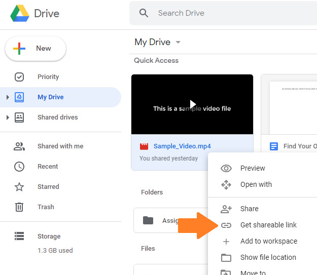 A screenshot of google drive, with an arrow pointed to the "get shareable link" button