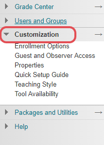 A screenshot of the left-hand navigation menu in Blackboard, highlighting the Customization menu.