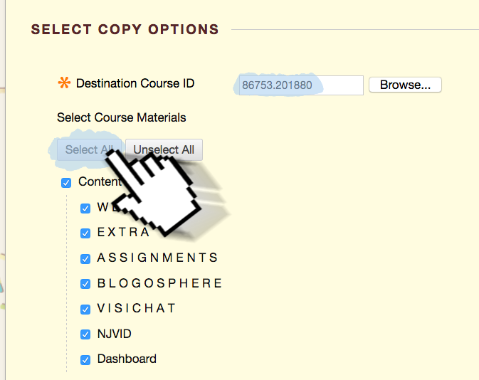 Screenshot depicting where to past the course ID and the location of the "Select All" button