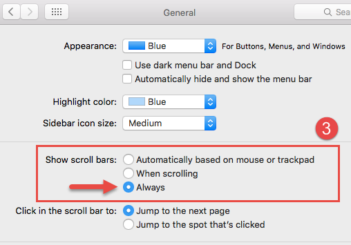 In the General Settings, set the “Show Scroll Bar” option to “Always“.