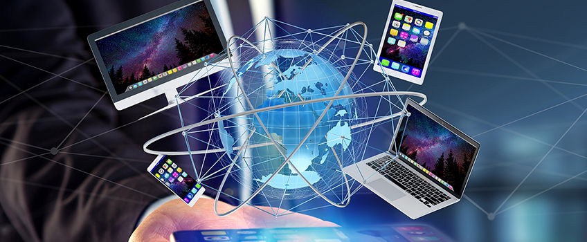 Image composition of various computing devices surrounding a globe