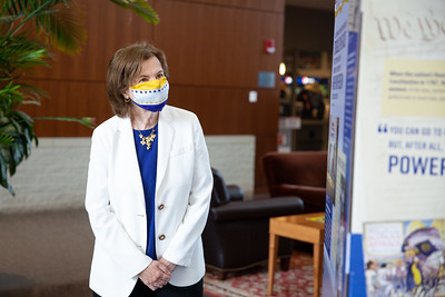 Linda in 2020, in front of an exhibit "Rightfully Her's"