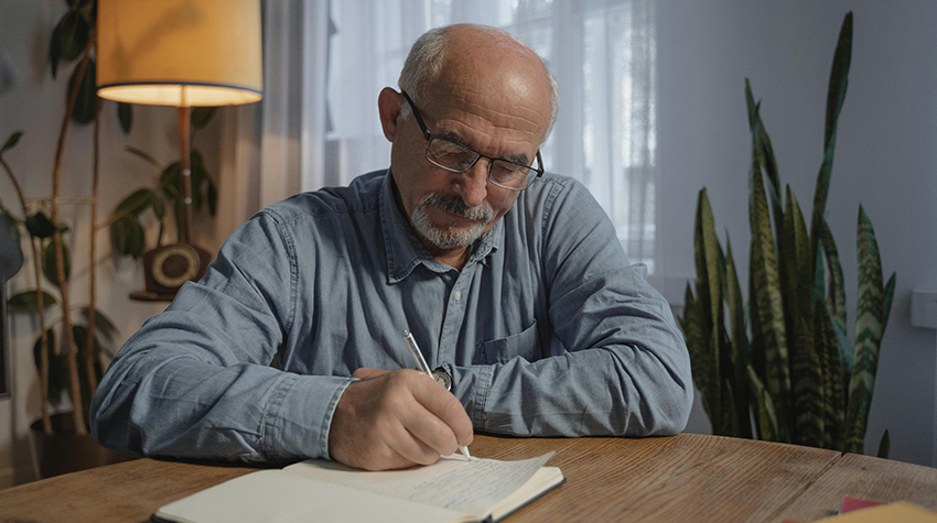 An older man writing something down in his notebook/journal