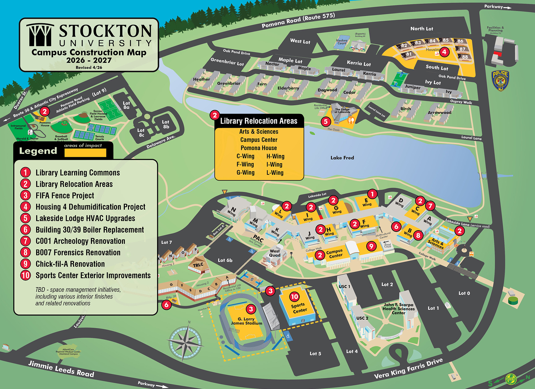 Campus map showing locations of upcoming construction projects.