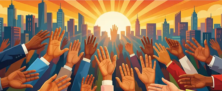 A scene of a city skyline set against a rising sun, with multiple hands reaching out toward the sky.