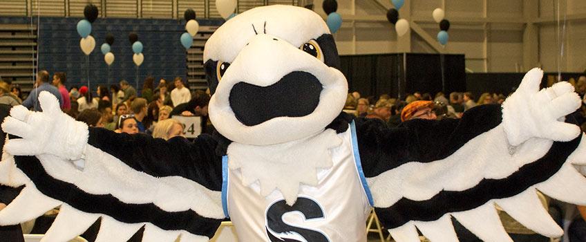 Stockton Osprey mascot celebrating with sports fans. Stockton Osprey mascot celebrating with sports fans.