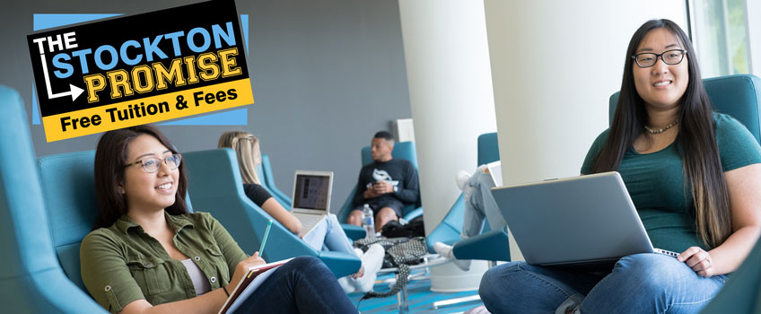 Two students in the Stockton Science center Two students in the Stockton Science center