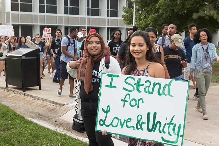 Hundreds of students, faculty and staff joined the Unite Against Hate gathering on Sept. 21, 2017 organized by Stockton Student Senate. Hundreds of students, faculty and staff joined the Unite Against Hate gathering on Sept. 21, 2017 organized by Stockton Student Senate.