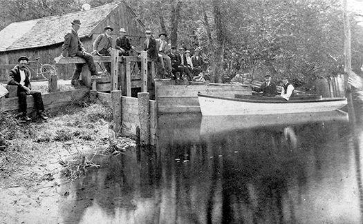 Landis Avenue looking east at the dam for Frank Parvin’s gristmill, present-day Rainbow Lake, Pittsgrove Township, Salem County, c.1900. Third from left identified as Earl Parvin; fourth from left, George H. Beebe; sixth from left, Jacob D. Spiegel. Image courtesy of Marsha Levin Schumer for the Judge I. Harry Levin collection. Landis Avenue looking east at the dam for Frank Parvin’s gristmill, present-day Rainbow Lake, Pittsgrove Township, Salem County, c.1900. Third from left identified as Earl Parvin; fourth from left, George H. Beebe; sixth from left, Jacob D. Spiegel. Image courtesy of Marsha Levin Schumer for the Judge I. Harry Levin collection.