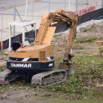 Excavator machine in destruction site by downed trees