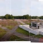Panorama of Destruction site with all trees removed and the foundation for the campus centre being built