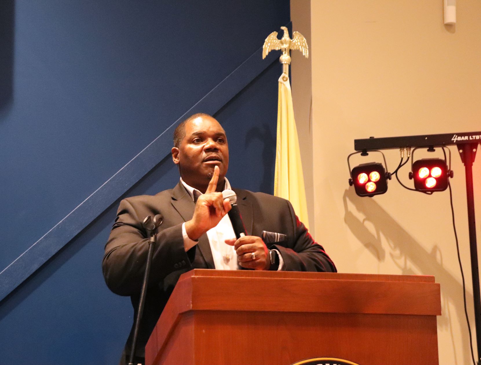 John Gray, instructor of Organizational Leadership at Stockton, welcomes everyone to the mixer and talks about what it means to him to be part of the Council of Black Faculty and Staff at Stockton. John Gray, instructor of Organizational Leadership at Stockton, welcomes everyone to the mixer and talks about what it means to him to be part of the Council of Black Faculty and Staff at Stockton.