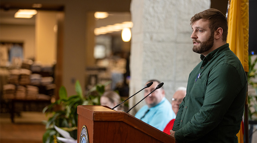 Student vet Luke Lallos during Vets Day Ceremony Student vet Luke Lallos during Vets Day Ceremony