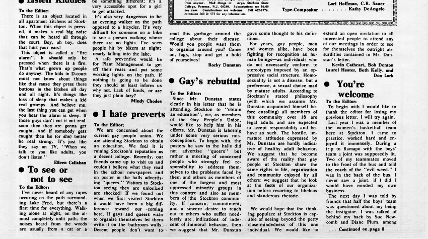 Hester and other members of the original Gay People's Union (now Pride Alliance) frequently wrote letters to the paper in response to homophobic letters like the one directly left of hers. 