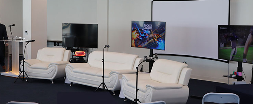 The Esports Innovation Center, complete with couches, mics and screens. Provided by Mark Melhorn. The Esports Innovation Center, complete with couches, mics and screens. Provided by Mark Melhorn.