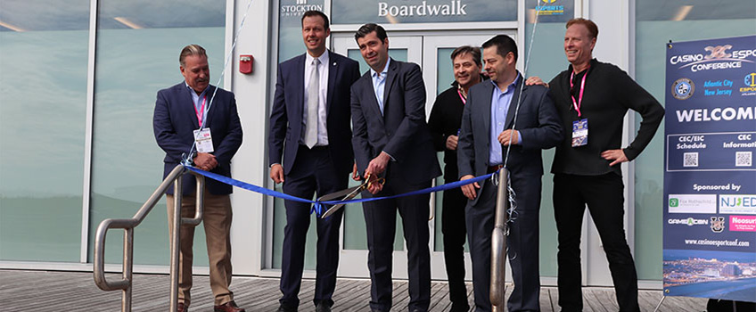 (L-R): Bill Penders, managing director of Strategic Sector Development at the NJEDA; Scott Huston, Stockton University's chief information officer; Tim Sullivan, CEO of the NJEDA; Ari Fox, producer of the Casino Esports Conference; Andrew Weilgus, executive director of the Esports Innovation Center at Stockton; and Ben Fox, producer of the Casino Esports Conference. Provided by Mark Melhorn. (L-R): Bill Penders, managing director of Strategic Sector Development at the NJEDA; Scott Huston, Stockton University's chief information officer; Tim Sullivan, CEO of the NJEDA; Ari Fox, producer of the Casino Esports Conference; Andrew Weilgus, executive director of the Esports Innovation Center at Stockton; and Ben Fox, producer of the Casino Esports Conference. Provided by Mark Melhorn.
