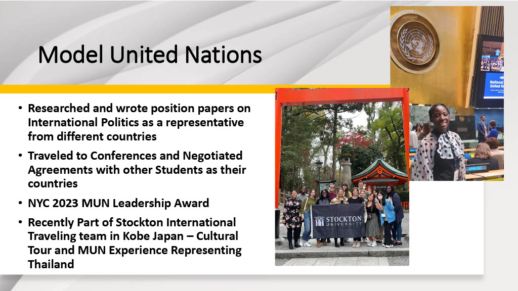 Slide that describes Irenonsen's experience in Model UN Slide that describes Irenonsen's experience in Model UN