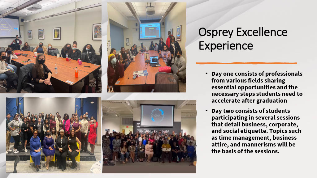 Slide that describes one of Alicia's programs, Osprey Excellence Experience Slide that describes one of Alicia's programs, Osprey Excellence Experience