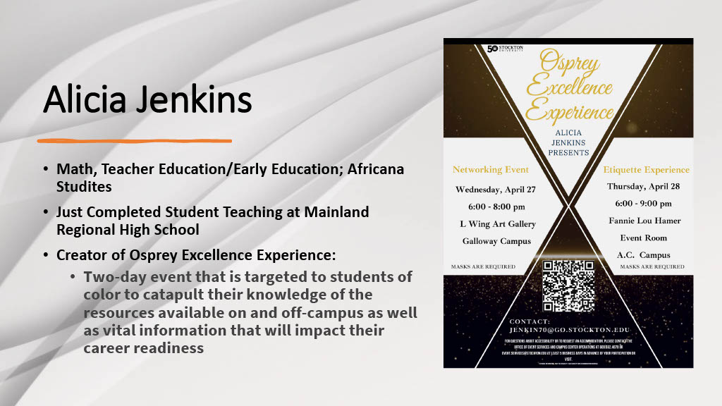 Slide that lists some of Alicia's accomplishments Slide that lists some of Alicia's accomplishments