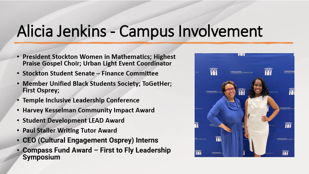 Slide that describes Alicia's campus involvement Slide that describes Alicia's campus involvement