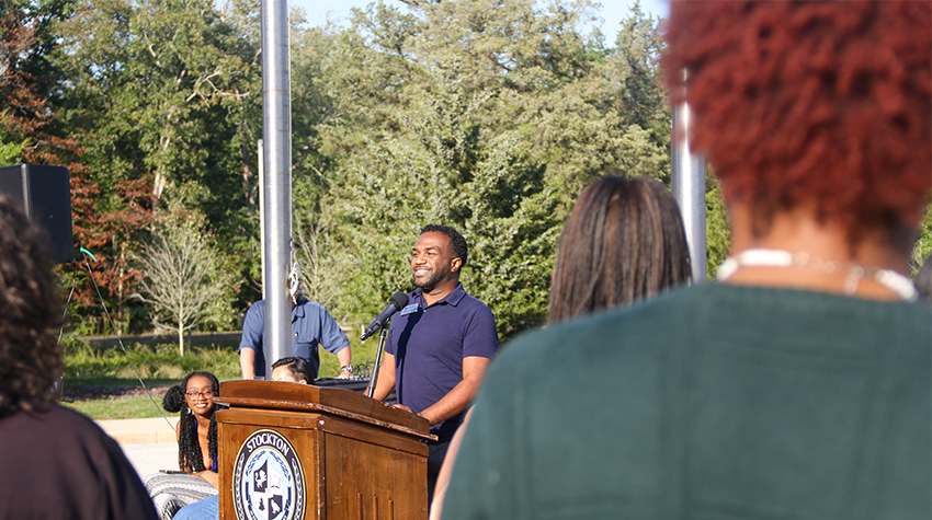 Marques Johnson, associate dean of students, giving his remarks Marques Johnson, associate dean of students, giving his remarks