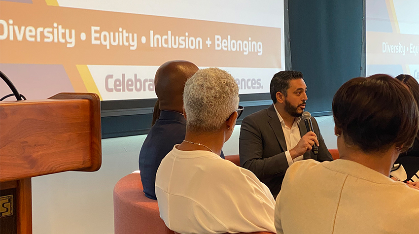 Walead giving his remarks/response during SJI's panel on DEIB in Artificial Intelligence. Photo courtesy of South Jersey Industries.  Walead giving his remarks/response during SJI's panel on DEIB in Artificial Intelligence. Photo courtesy of South Jersey Industries.