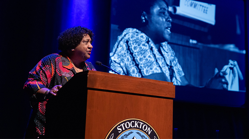 Shirley N. Weber during her keynote speech at the 20th annual FLH Symposium Shirley N. Weber during her keynote speech at the 20th annual FLH Symposium