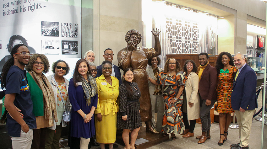 Staff and faculty surrounding the statue of Fannie Lou Hamer that was recently donated to Atlantic City Staff and faculty surrounding the statue of Fannie Lou Hamer that was recently donated to Atlantic City