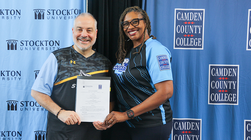 Presidents Joe Bertolino and Lovell Pugh-Bassett (Camden County College) posing for a photo after signing Esports agreement Presidents Joe Bertolino and Lovell Pugh-Bassett (Camden County College) posing for a photo after signing Esports agreement