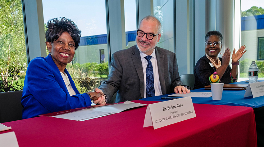Presidents Bertolino and Barbara Gaba (Atlantic Cape Community College) and EVP Terricita Sass posing for a photo after signing 3+1 agreement Presidents Bertolino and Barbara Gaba (Atlantic Cape Community College) and EVP Terricita Sass posing for a photo after signing 3+1 agreement