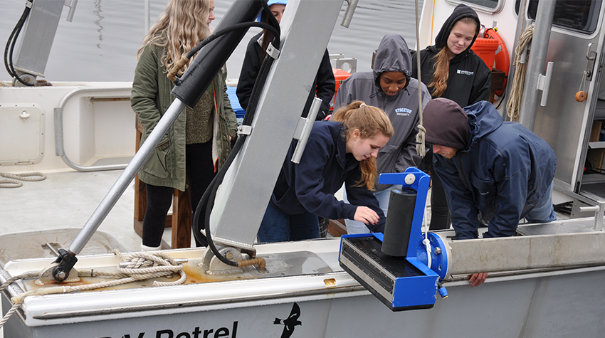 A student uses sonar instrumentation to help identify lost crab pots as part of a marine debris removal program. The program received a $1.4 million grant from NOAA. A student uses sonar instrumentation to help identify lost crab pots as part of a marine debris removal program. The program received a $1.4 million grant from NOAA.