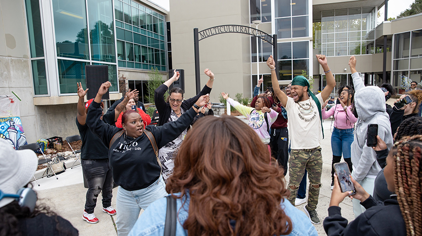 Students, staff and faculty celebrated Hip Hop's 50th anniversary outside of the Multicultural Center Students, staff and faculty celebrated Hip Hop's 50th anniversary outside of the Multicultural Center