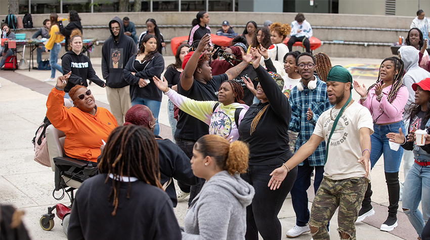 Students, staff and faculty celebrated Hip Hop's 50th anniversary outside of the Multicultural Center Students, staff and faculty celebrated Hip Hop's 50th anniversary outside of the Multicultural Center