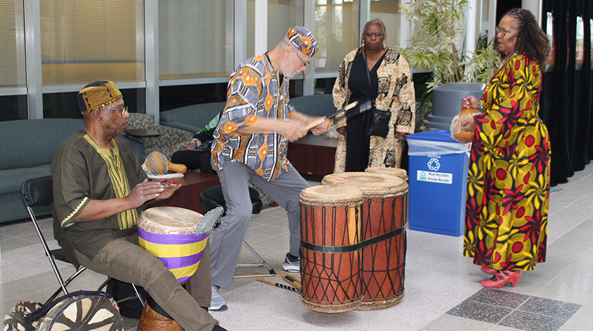 Pat Reid Merritt with the musical guests during the launch of the Africana Studies major in 2019 Pat Reid Merritt with the musical guests during the launch of the Africana Studies major in 2019