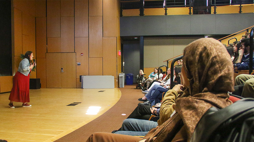 In addition to a smaller group discussion among students pursuing education in the Multicultural Center, Gruwell gave a larger presentation in Alton Auditorium.  In addition to a smaller group discussion among students pursuing education in the Multicultural Center, Gruwell gave a larger presentation in Alton Auditorium.