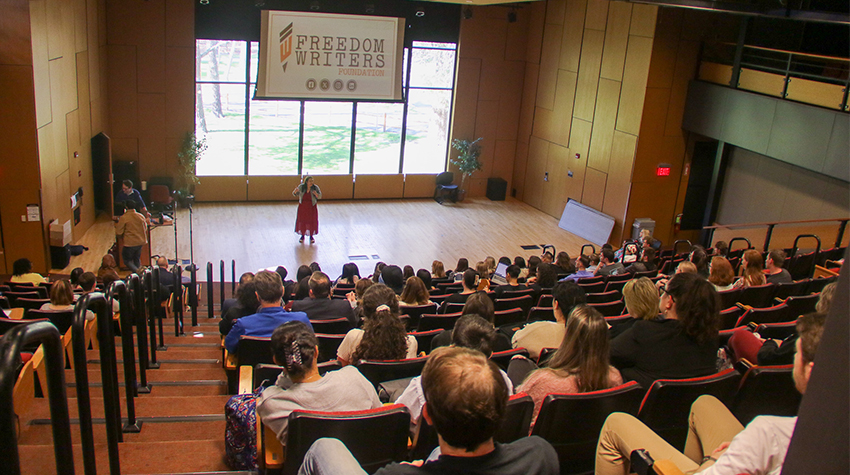 In addition to a smaller group discussion among students pursuing education in the Multicultural Center, Gruwell gave a larger presentation in Alton Auditorium.  In addition to a smaller group discussion among students pursuing education in the Multicultural Center, Gruwell gave a larger presentation in Alton Auditorium.