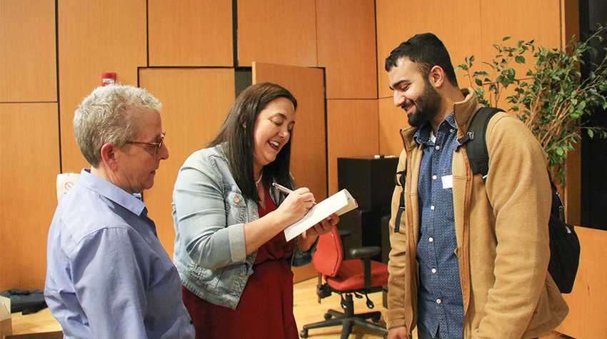 In addition to a smaller group discussion among students pursuing education in the Multicultural Center, Gruwell gave a larger presentation in Alton Auditorium.  In addition to a smaller group discussion among students pursuing education in the Multicultural Center, Gruwell gave a larger presentation in Alton Auditorium.