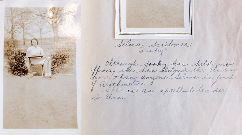 A photo with a caption: "Selma 'Sooky' Scribner - Although Sooky has held no offices, she has helped the clubs more than anyone. Selma is fond of Arithmetic. She is an excellent leader in class." A photo with a caption: "Selma 'Sooky' Scribner - Although Sooky has held no offices, she has helped the clubs more than anyone. Selma is fond of Arithmetic. She is an excellent leader in class."