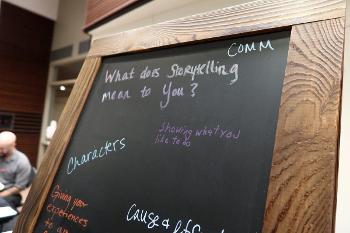 Chalkboard prompt reads “What does storytelling mean to you?” showcasing creative inquiry in class.