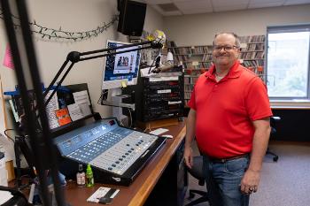 WLFR radio studio at Stockton, highlighting hands-on audio production and real broadcast experience.