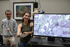 Students compare thin section images with hand samples as they connect laboratory analysis with real geological materials.