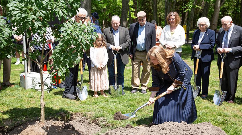 Toby Rosenthal shoveling dirt on top of the sapling's roots Toby Rosenthal shoveling dirt on top of the sapling's roots