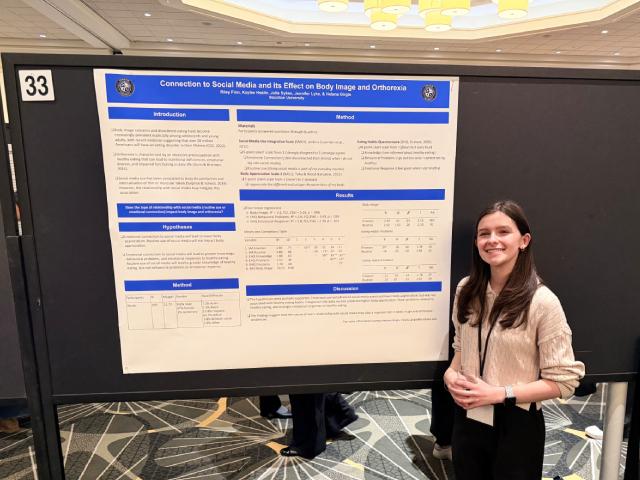 Riley presenting her research project at Eastern Psychological Association Conference, February 2026, titled "Connection to Social Media & Its Effect on Body Image & Orthorexia" Riley presenting her research project at Eastern Psychological Association Conference, February 2026, titled "Connection to Social Media & Its Effect on Body Image & Orthorexia"